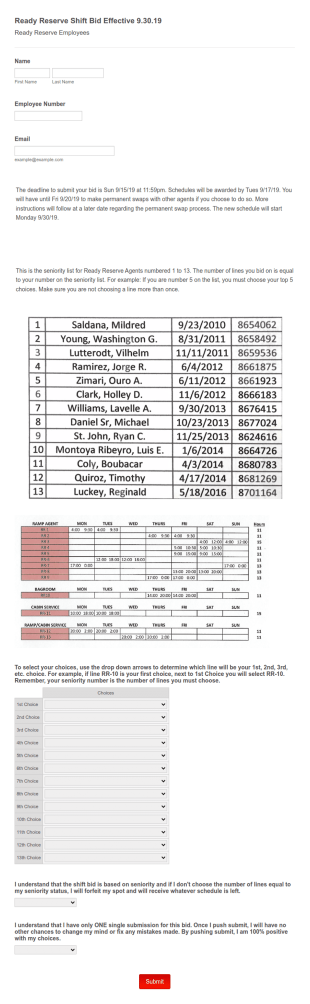 Shift Bid Form Template