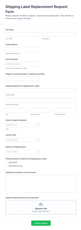 Shipping Label Replacement Request Form Template