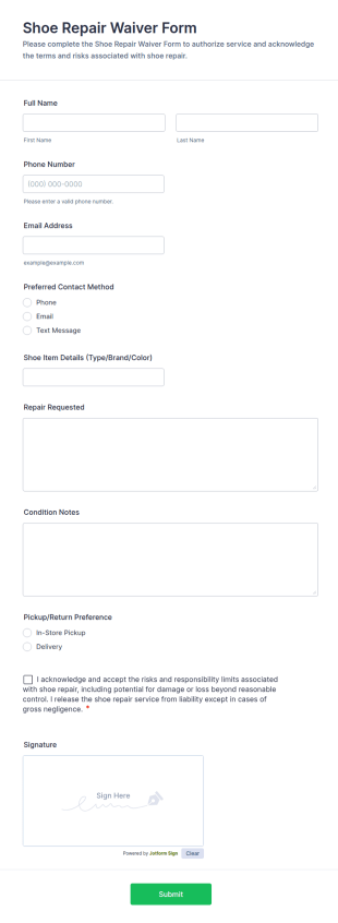 Shoe Repair Waiver Form Template