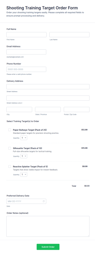 Shooting Training Target Order Form Template