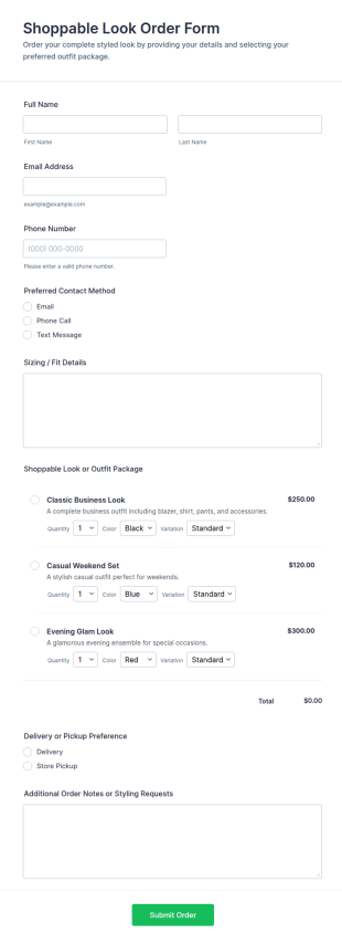 Shoppable Look Order Form Template