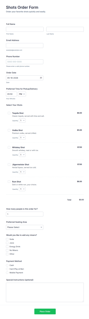 Shots Order Form Template