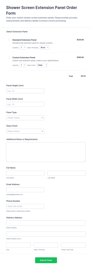 Shower Screen Extension Panel Order Form Template