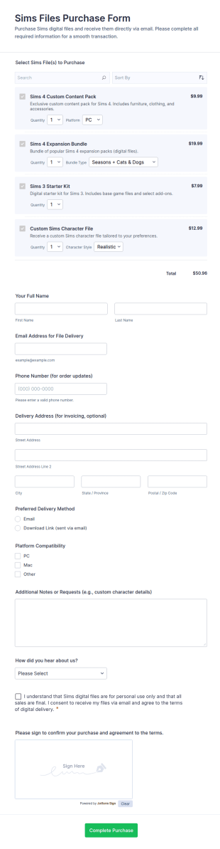 Sims Files Purchase Form Template