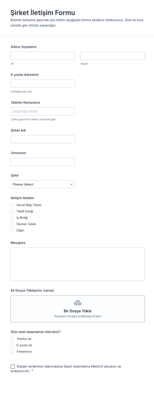 Şirket İletişim Form Şablonu