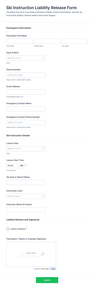 Ski Instruction Liability Release Form Template