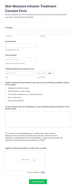 Skin Moisture Infusion Treatment Consent Form Template