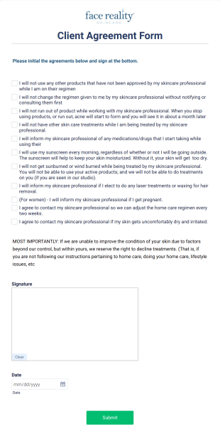 Skincare Client Agreement Form Template