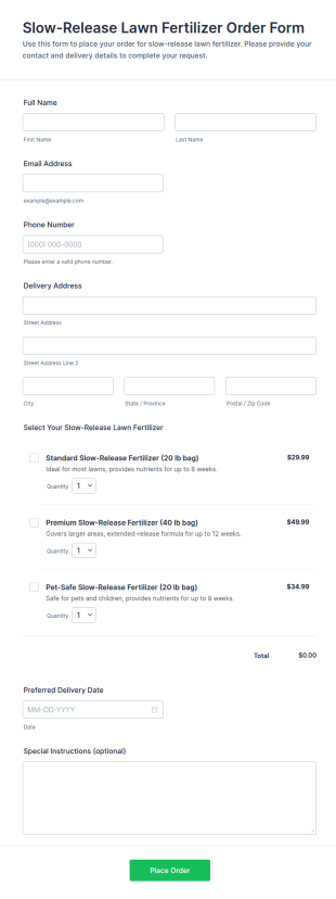 Slow Release Lawn Fertilizer Order Form Template