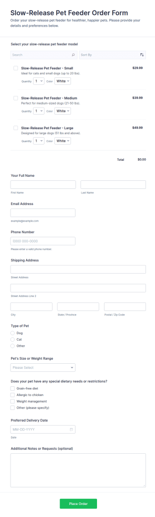 Slow Release Pet Feeder Order Form Template