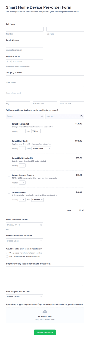 Smart Home Device Pre Order Form Template