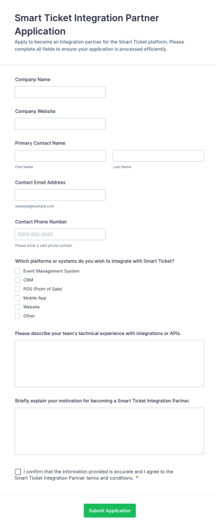 Smart Ticket Integration Partner Application Form Template