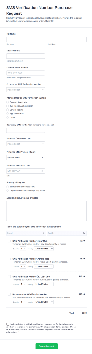 SMS Verification Number Purchase Request Form Template