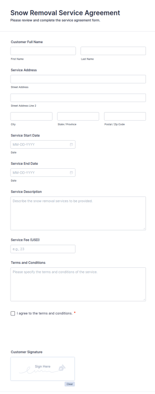 Snow Removal Service Agreement Form Template