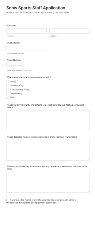 Snow Sports Staff Application Form Template