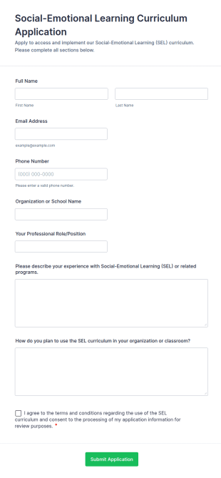 Social Emotional Learning Curriculum Application Form Template