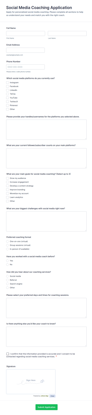 Social Media Coaching Application Form Template
