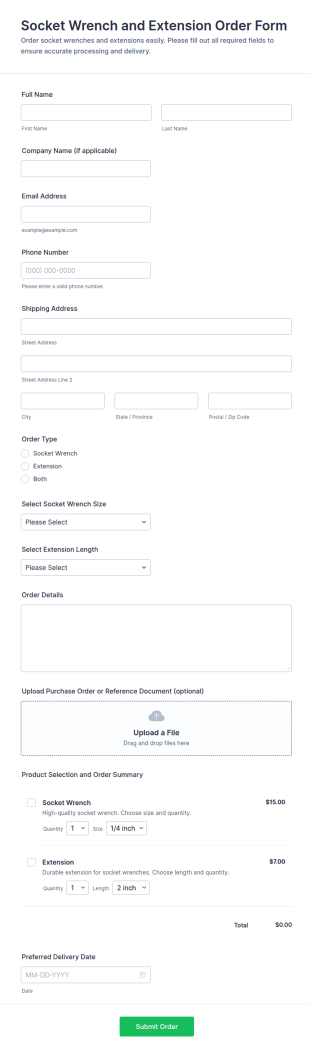 Socket Wrench And Extension Order Form Template
