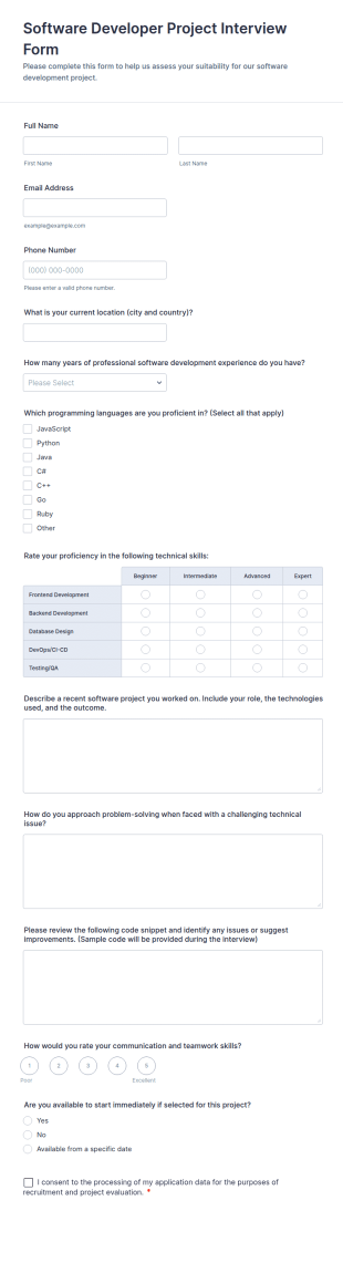 Software Developer Project Interview Form Template