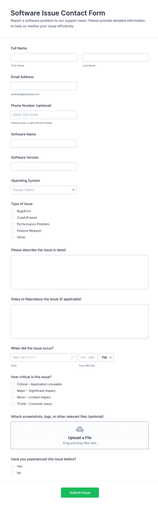 Software Issue Contact Form Template