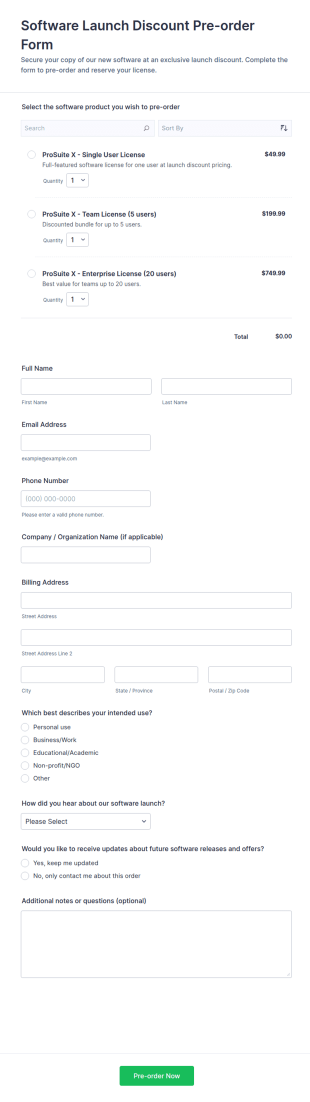 Software Launch Discount Pre Order Form Template