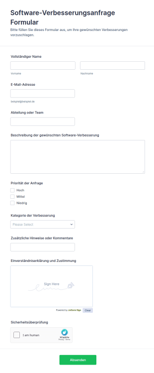 Software Verbesserungsanfrage Formular