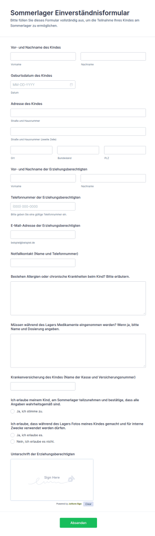 Sommerlager Einverständnisformular