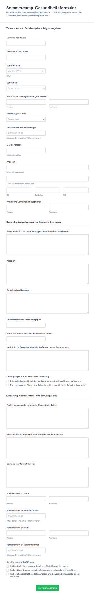 Sommerlager Medizinische Anmeldung Formular