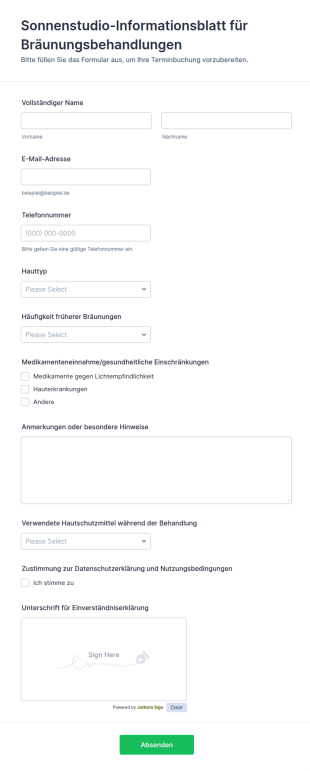 Sonnenstudio Informationsblatt Für Bräunungsbehandlungen