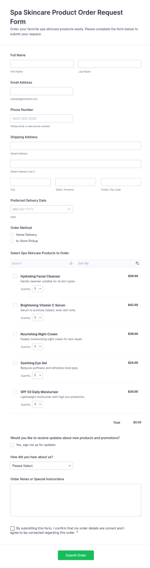 Spa Skincare Product Order Request Form Template