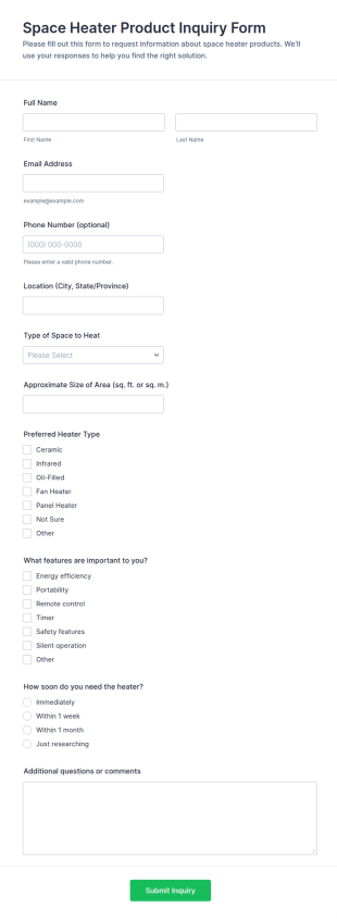 Space Heater Product Inquiry Form Template
