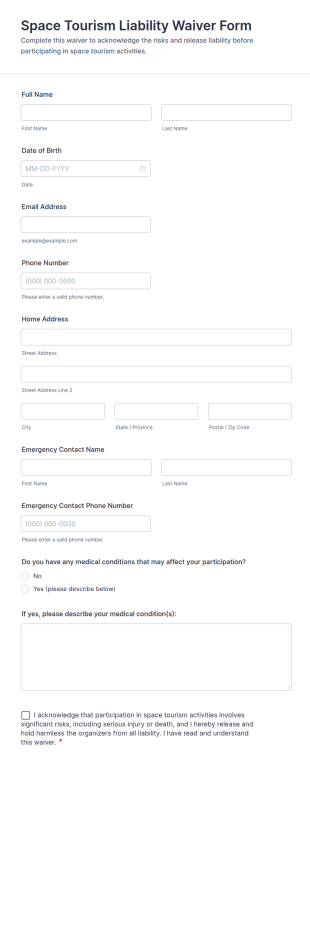 Space Tourism Liability Waiver Form Template