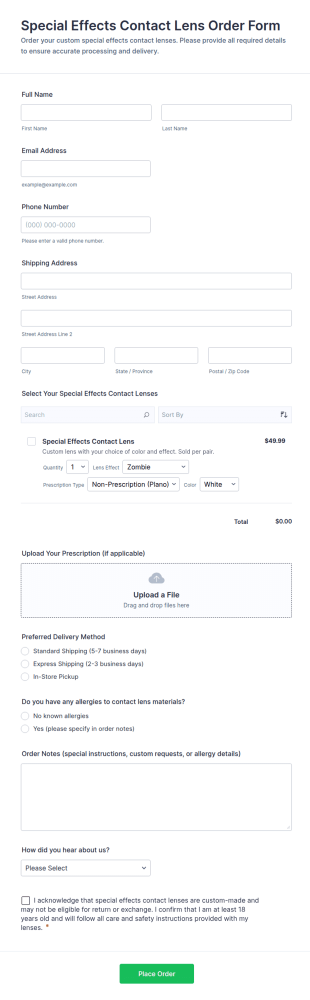 Special Effects Contact Lens Order Form Template