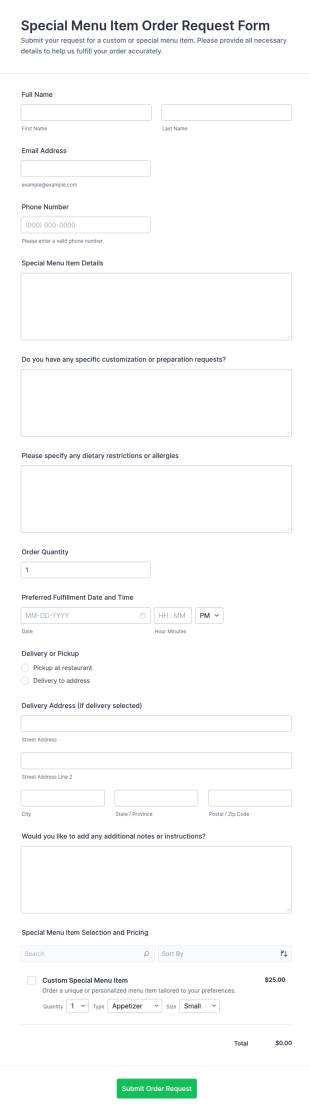 Special Menu Item Order Request Form Template