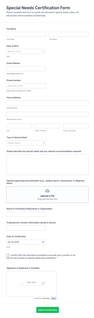 Special Needs Certification Form Template