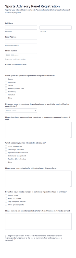 Sports Advisory Panel Registration Form Template