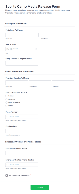 Sports Camp Media Release Form Template