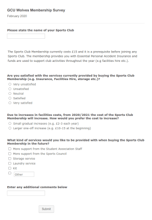 Sports Club Membership Survey Form Template