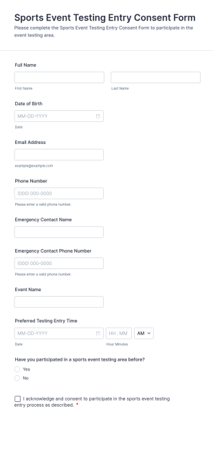 Sports Event Testing Entry Consent Form Template
