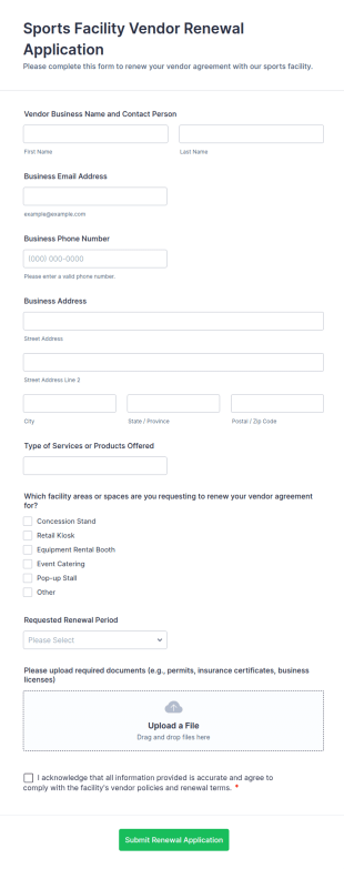 Sports Facility Vendor Renewal Application Form Template