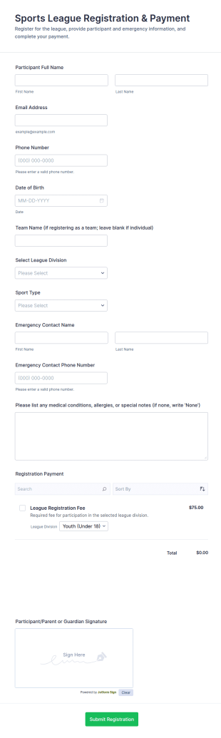 Sports League Registration & Payment Form Template