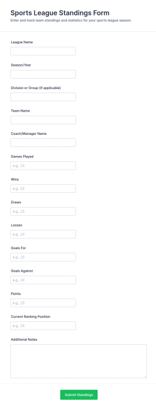Sports League Standings Form Template
