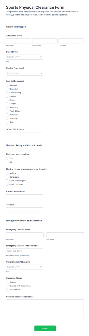 Sports Physical Clearance Form Template