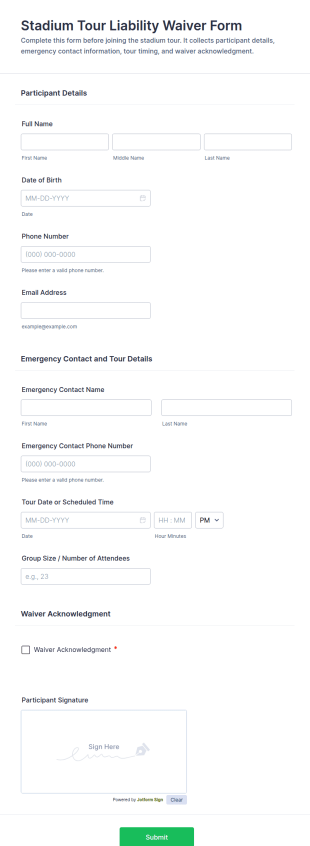 Stadium Tour Liability Waiver Form Template