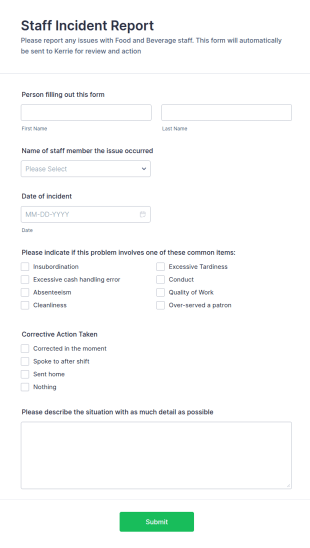 Staff Incident Report Form Template
