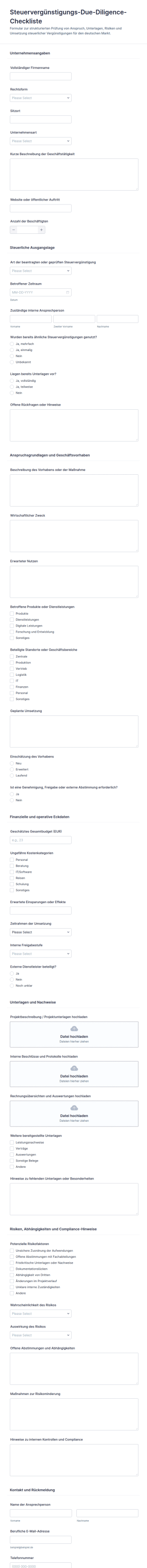 Steuerliche Fördermittel Sorgfaltsprüfung Fragebogen