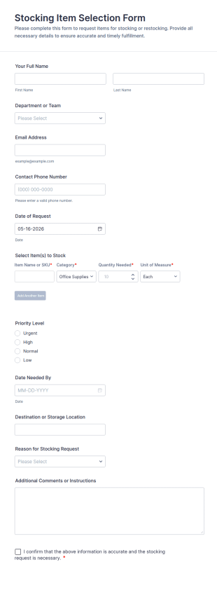 Stocking Item Selection Form Template