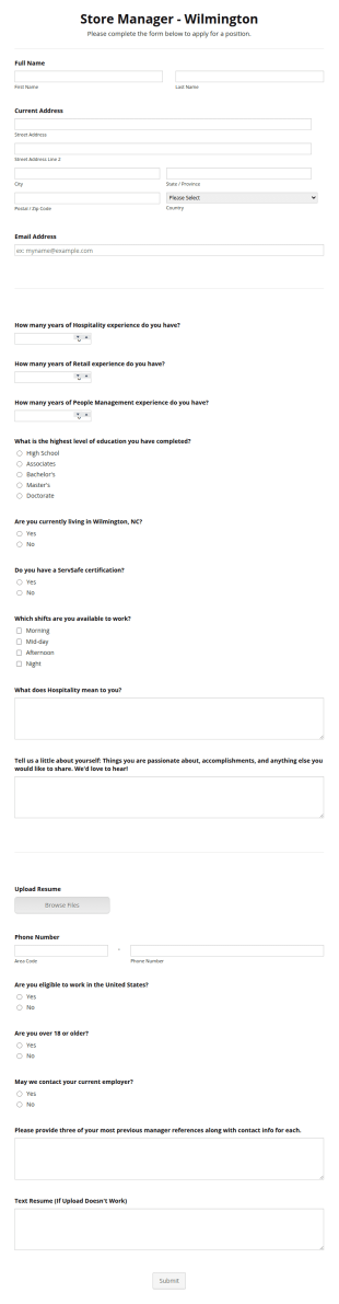 Store Manager Form Template