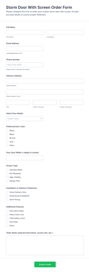 Storm Door With Screen Order Form Template