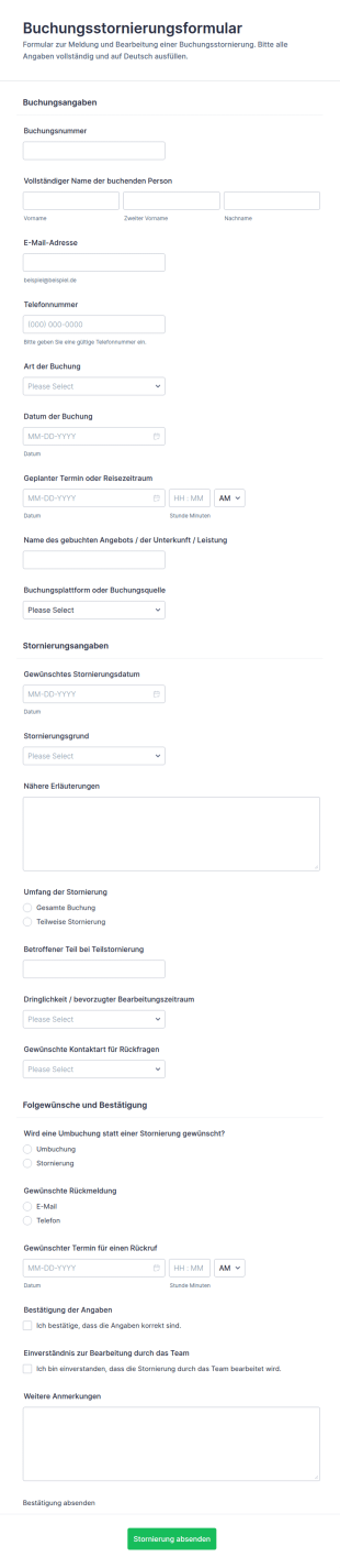 Stornierungsformular Für Buchungen